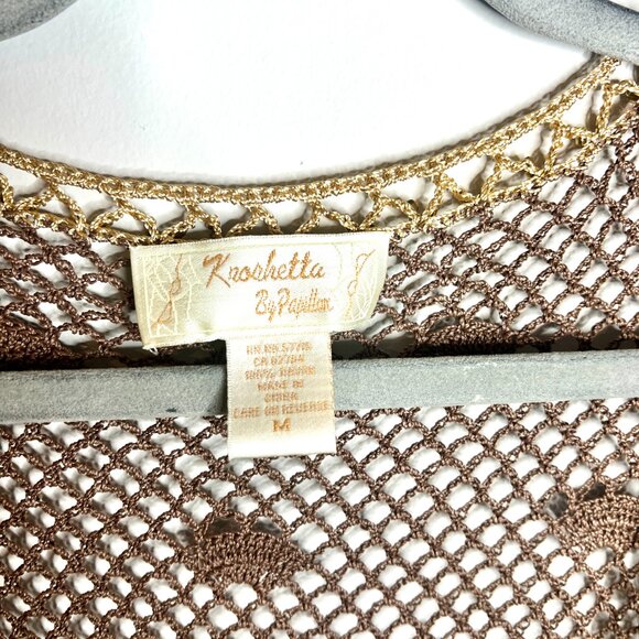 Vtg Kroshetta by Papillon Brown Crochet Beaded Open Knit Cardigan Boho Y2K Sz M - Picture 2 of 6